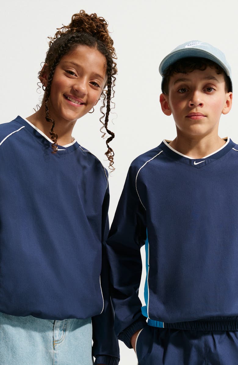 Nike Kids' Woven Long Sleeve V-Neck T-Shirt, Alternate, color, Midnight Navy/ Soft Pearl