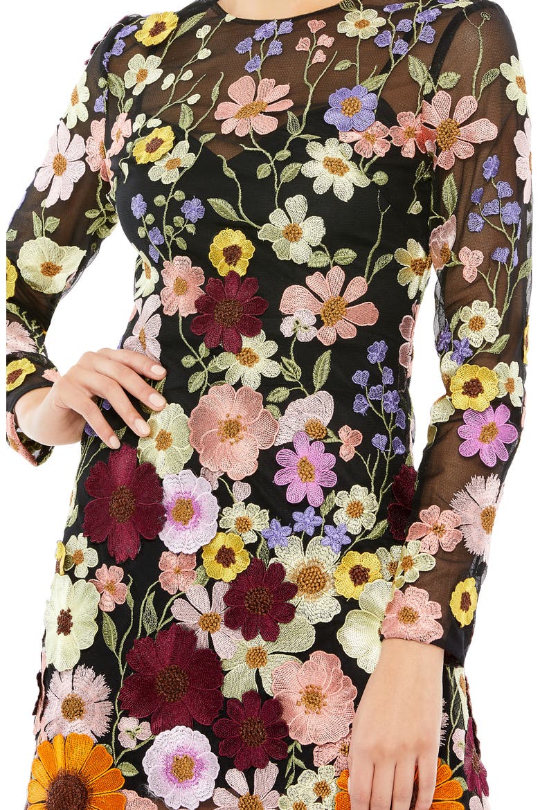 Embroidered Floral Long Sleeve Mesh Minidress, Alternate, color, BLACK MULTI