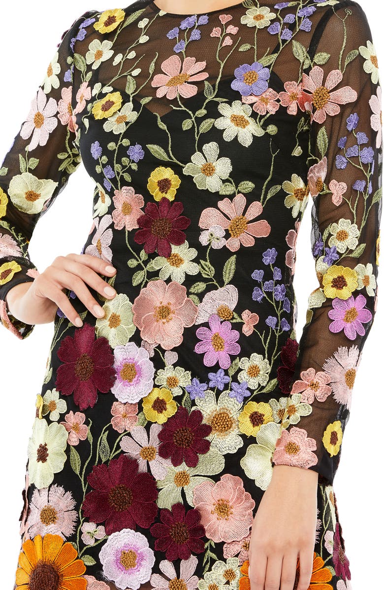 Mac Duggal Embroidered Floral Long Sleeve Mesh Minidress, Alternate, color, 