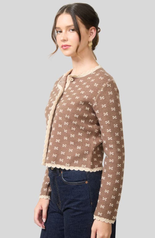 Blu Pepper Bow Patterned Scalloped Crop Cardigan In Brown