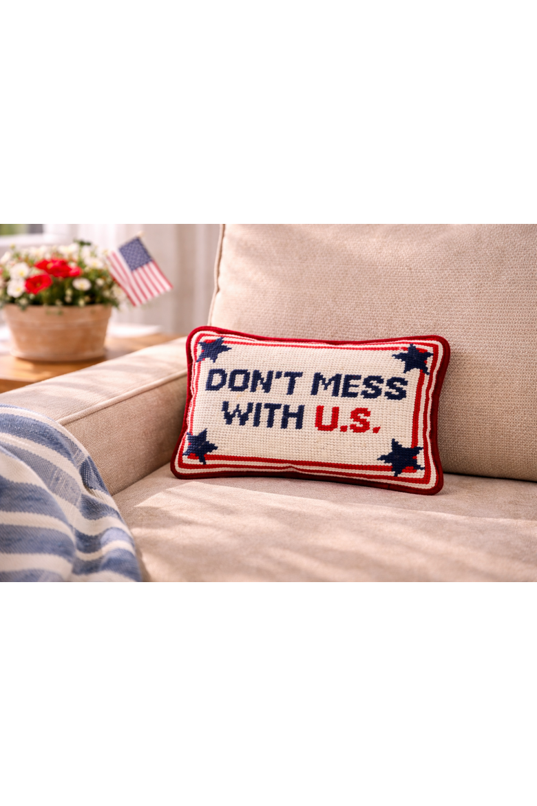 Patriotic "Don't Mess With U.S." Needlepoint Mini Accent Pillow, 6.5" x 9", Alternate, color, Blue