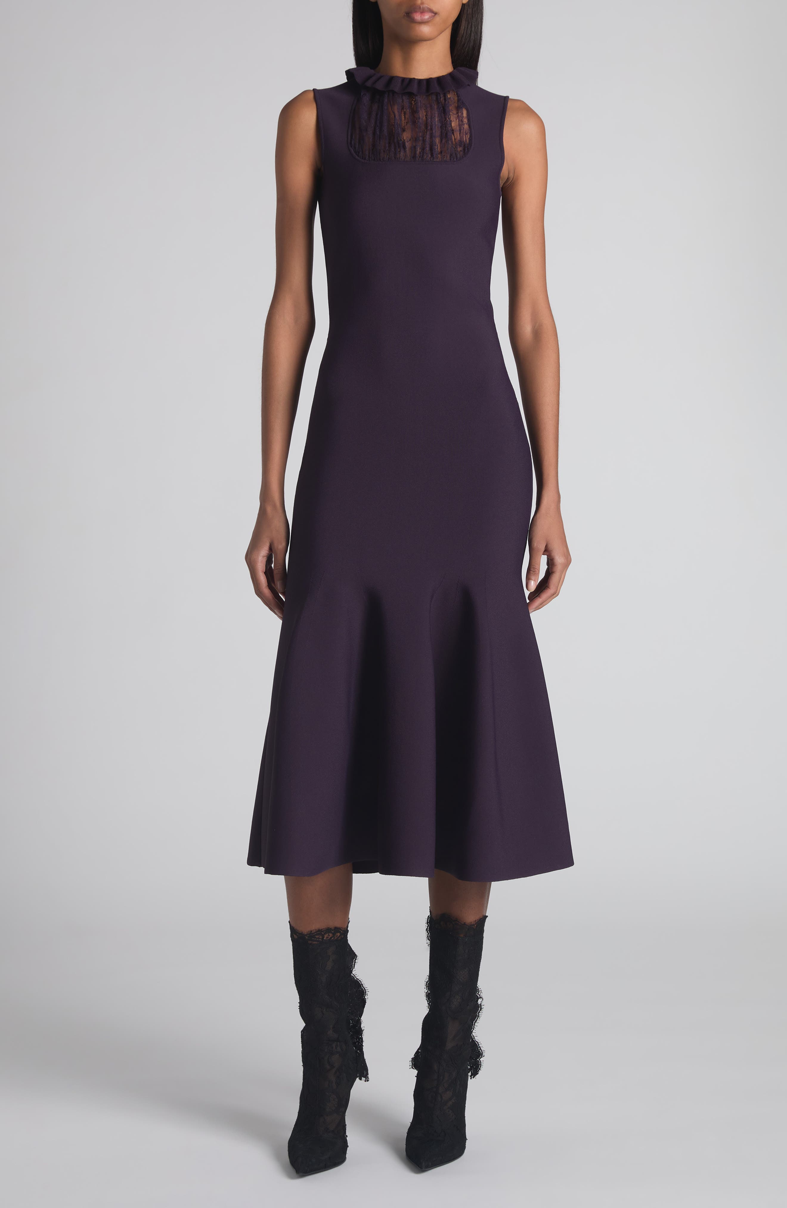 Lace Panel Flared Midi Dress