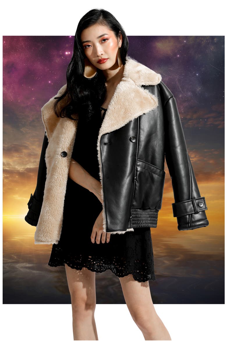 Oversize Faux Shearling Aviator Jacket, Alternate, color, BLACK