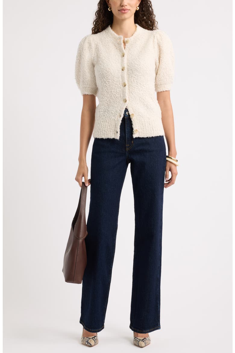 Puff Sleeve Textured Cardigan, Alternate, color, IVORY-BEIGE MARL
