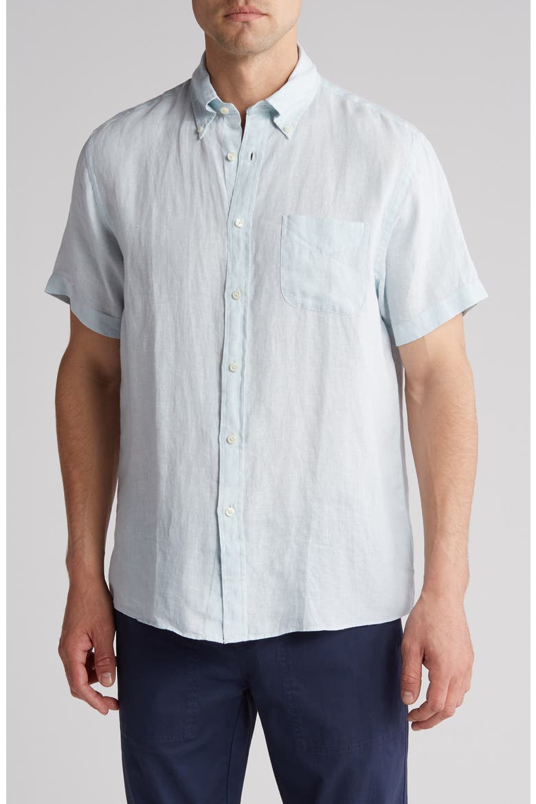 Regular Fit Short Sleeve Linen Button-Down Shirt, Main, color, Turquoise/Aqua