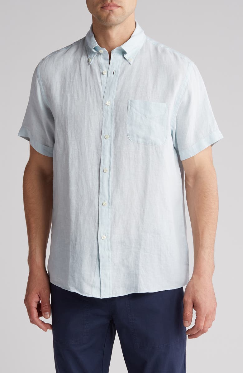 Brooks Brothers Regular Fit Short Sleeve Linen Button-Down Shirt, Main, color, Turquoise/Aqua