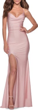 La Femme Form Fitting Jersey Prom Dress with Draped Neckline