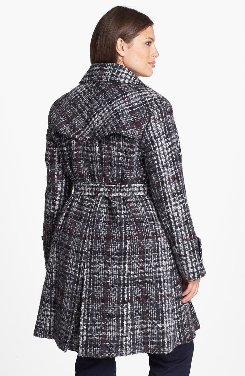 DKNY Belted Plaid Tweed Coat, Alternate, color, 