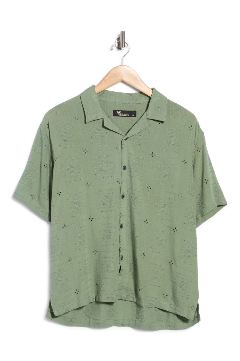 Floral Eyelet Embroidered Boxy Fit Camp Shirt, Main, color, CELEDON