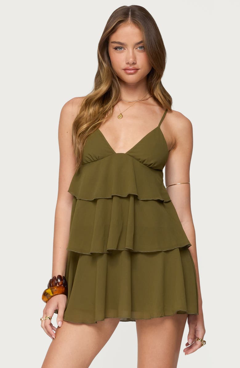 EDIKTED Gwynne Chiffon Ruffle Minidress, Alternate, color, Olive