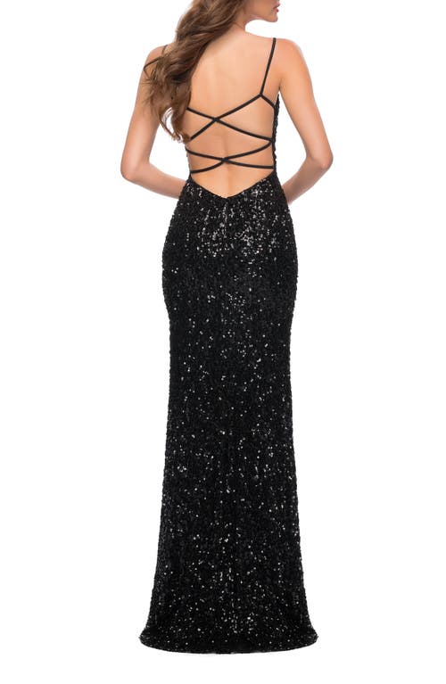 La Femme Gorgeous Sequin Dress With V Neck And Open Back In Black