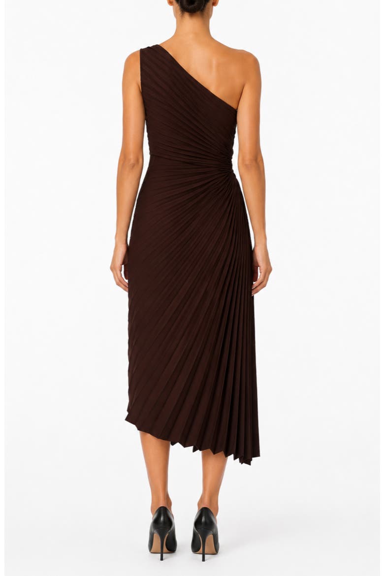 Satin Pleat One Shoulder Midi Dress, Alternate, color, CHOCOLATE