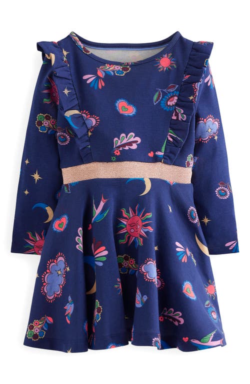 Mini Boden Kids' Cora Celestial Print Long Sleeve Cotton Jersey Dress In Blue