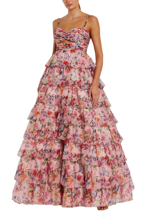 Mac Duggal Floral Cut Out Ruffle Layered Gown In Pink Multi
