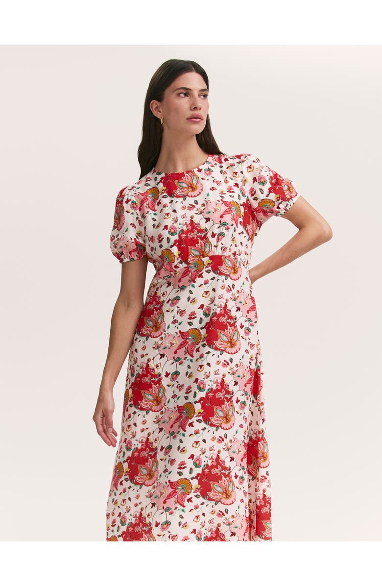 Finery London Lili Floral Short Sleeve Midi Tea Dress, Alternate, color, Coral Floral