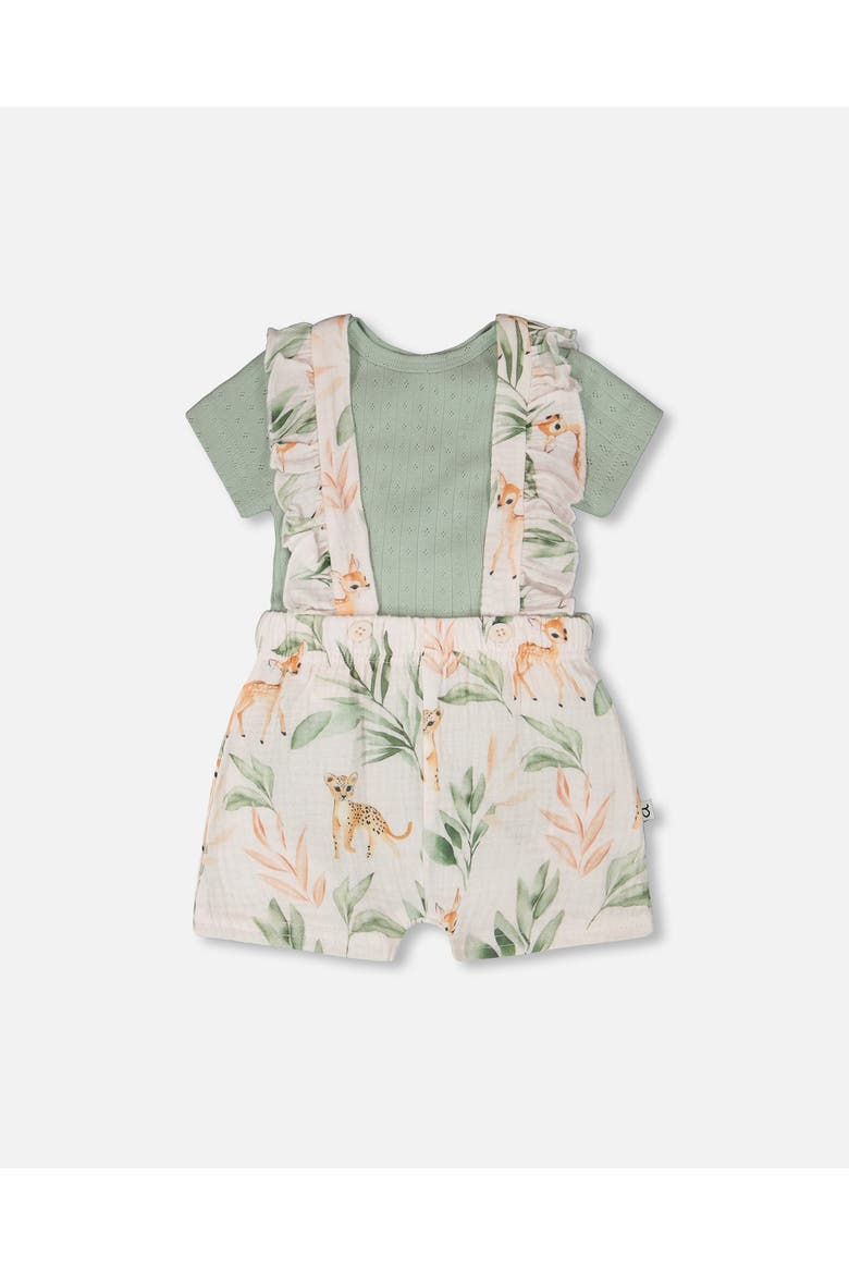 Pointelle Bodysuit and Cotton Muslin Peach Deer Printed Shortall Set, Main, color, Green and Peach Deer Print