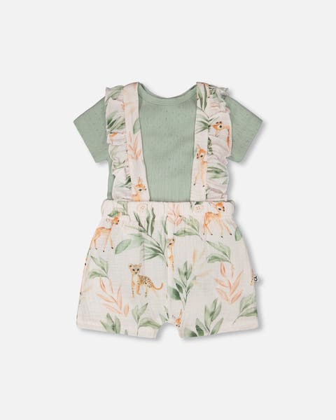 Pointelle Bodysuit and Cotton Muslin Peach Deer Printed Shortall Set (Baby)