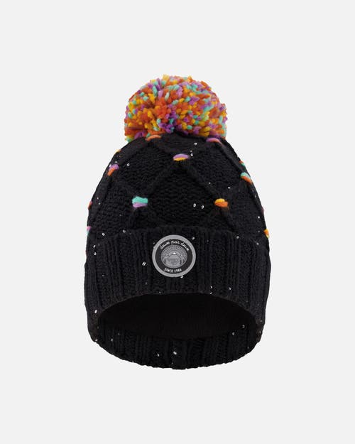 Deux Par Deux Lined Knit Pompom Hat With Little Sequins In Black