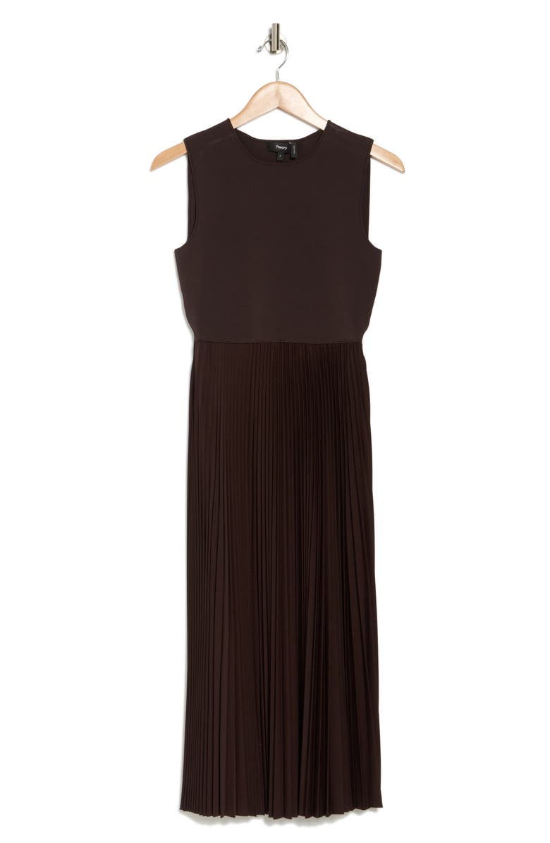 Theory Pleated Mixed Media Midi Dress, Alternate, color, Hickory