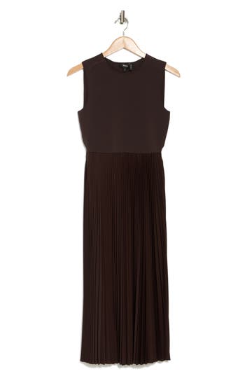 Theory Combo Pleated Wool Suiting Sleeveless Midi Dress In Hickory
