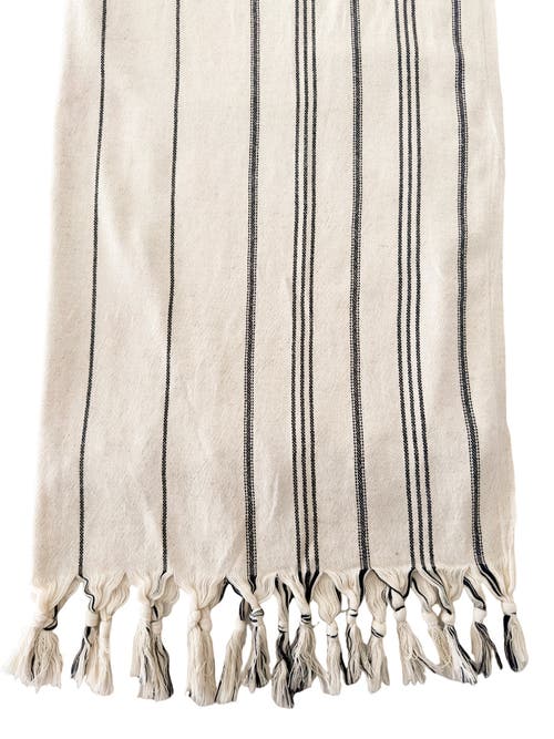 Anaya Natural Linen Stripe Bath Towel With Knotted Fringe In Black