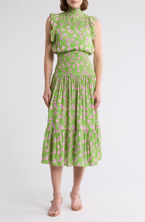 Smocked Flutter Sleeve Midi Dress