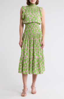 AREA STARS Smocked Flutter Sleeve Midi Dress