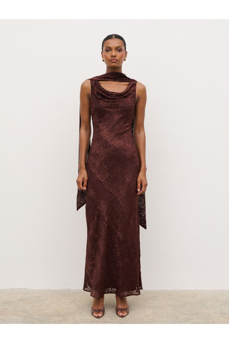 Ainsley Cowl Devore Neck Maxi Slip Dress, Alternate, color, Brown