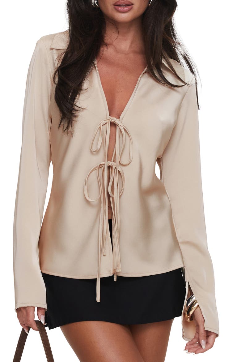 Way Life Goes Tie Front Satin Shirt, Main, color, CHAMPAGNE