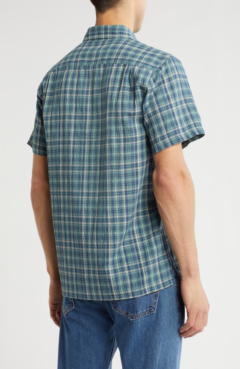 Lucky Brand Crinkled Short Sleeve Stretch Cotton Button-Up Shirt, Alternate, color, Green Plaid