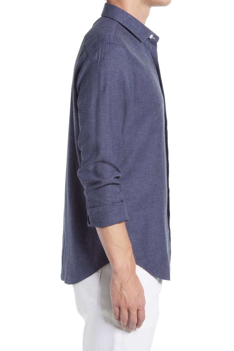 Slim Fit Stretch Linen & Cotton Button-Up Shirt, Alternate, color, NAVY HERRINGBONE