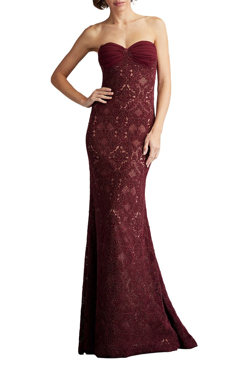 Tadashi Shoji Strapless Corded Lace Sheath Gown, Main, color, 