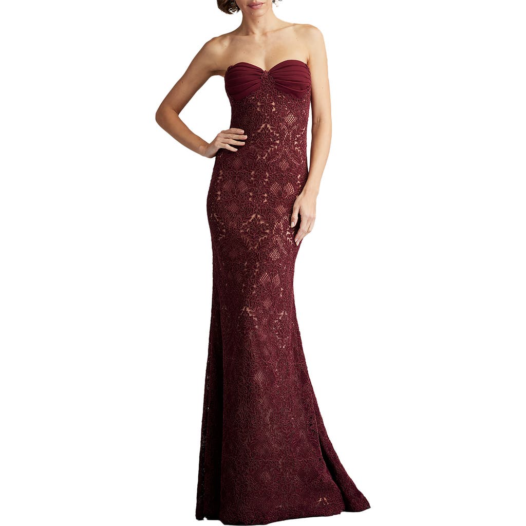 Tadashi Shoji Kohli Strapless Lattice Embroidered Gown In Cinnamon