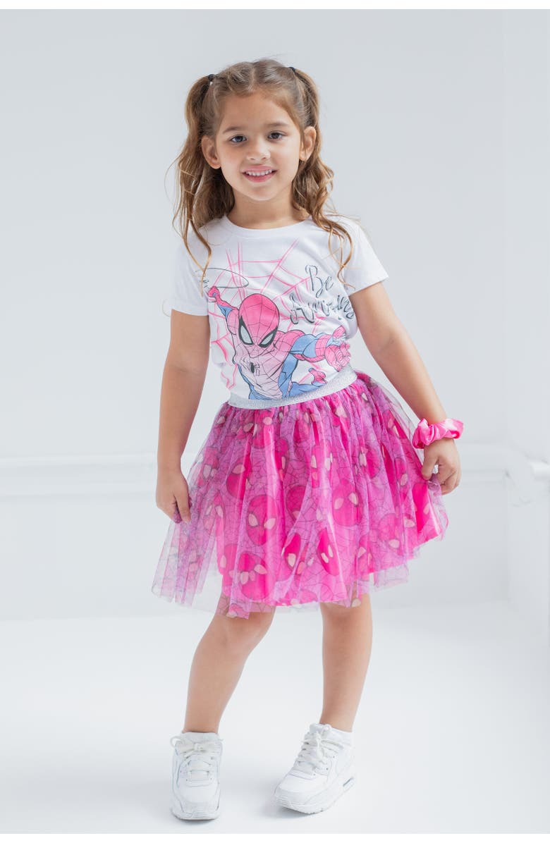 Marvel Spider-Man T-Shirt Skirt & Scrunchie Set, Alternate, color, White / Pink