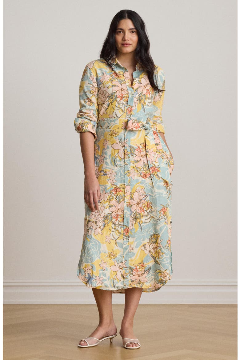 Floral Print Long Sleeve Linen Midi Shirtdress, Alternate, color, CREAM MULTI