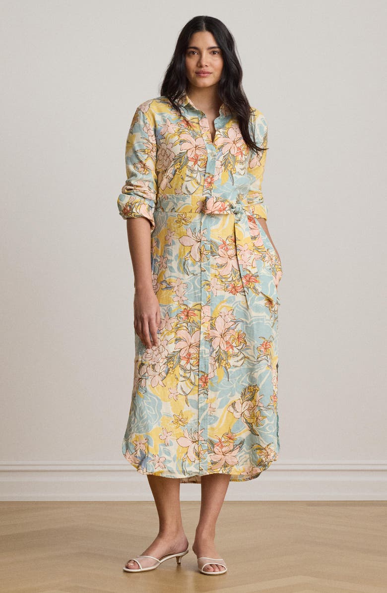 Lauren Ralph Lauren Floral Print Long Sleeve Linen Midi Shirtdress, Alternate, color, Cream Multi