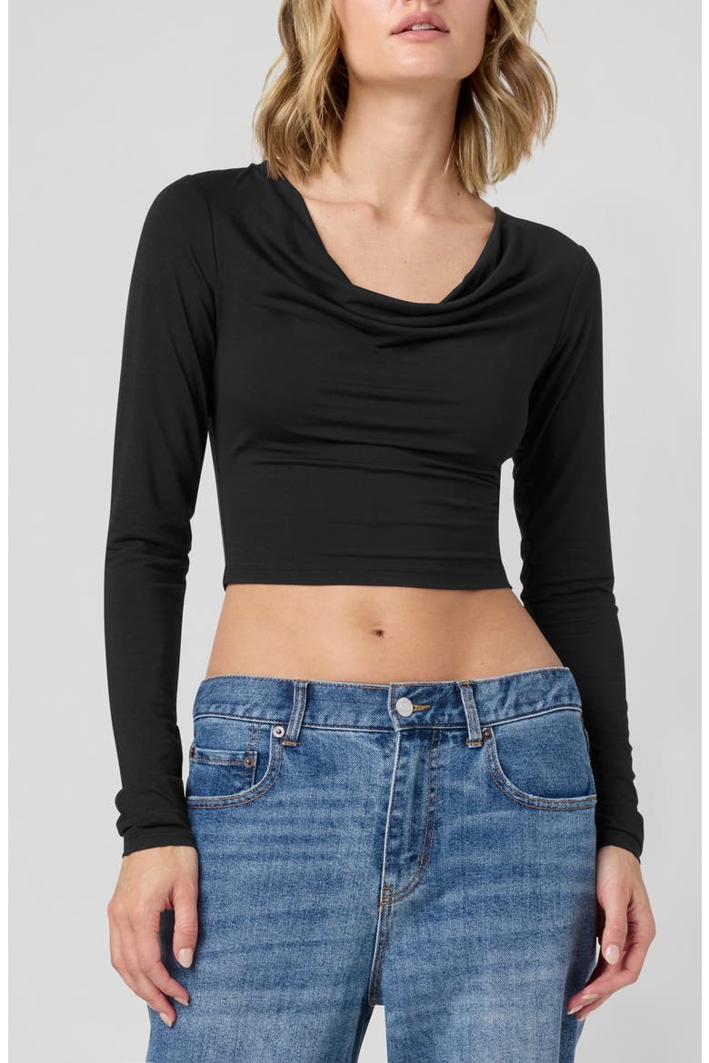 Cowl Neck Long Sleeve Crop Top, Main, color, BLACK