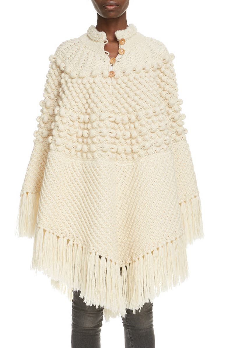 Saint Laurent Fringe Trim Cable Wool Poncho, Main, color, 