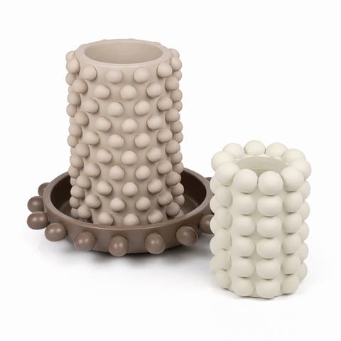 Petra Modern Minimalist Handmade Concrete Bubble Cylinder Vase Set with Decorative Tray (Set of 3)