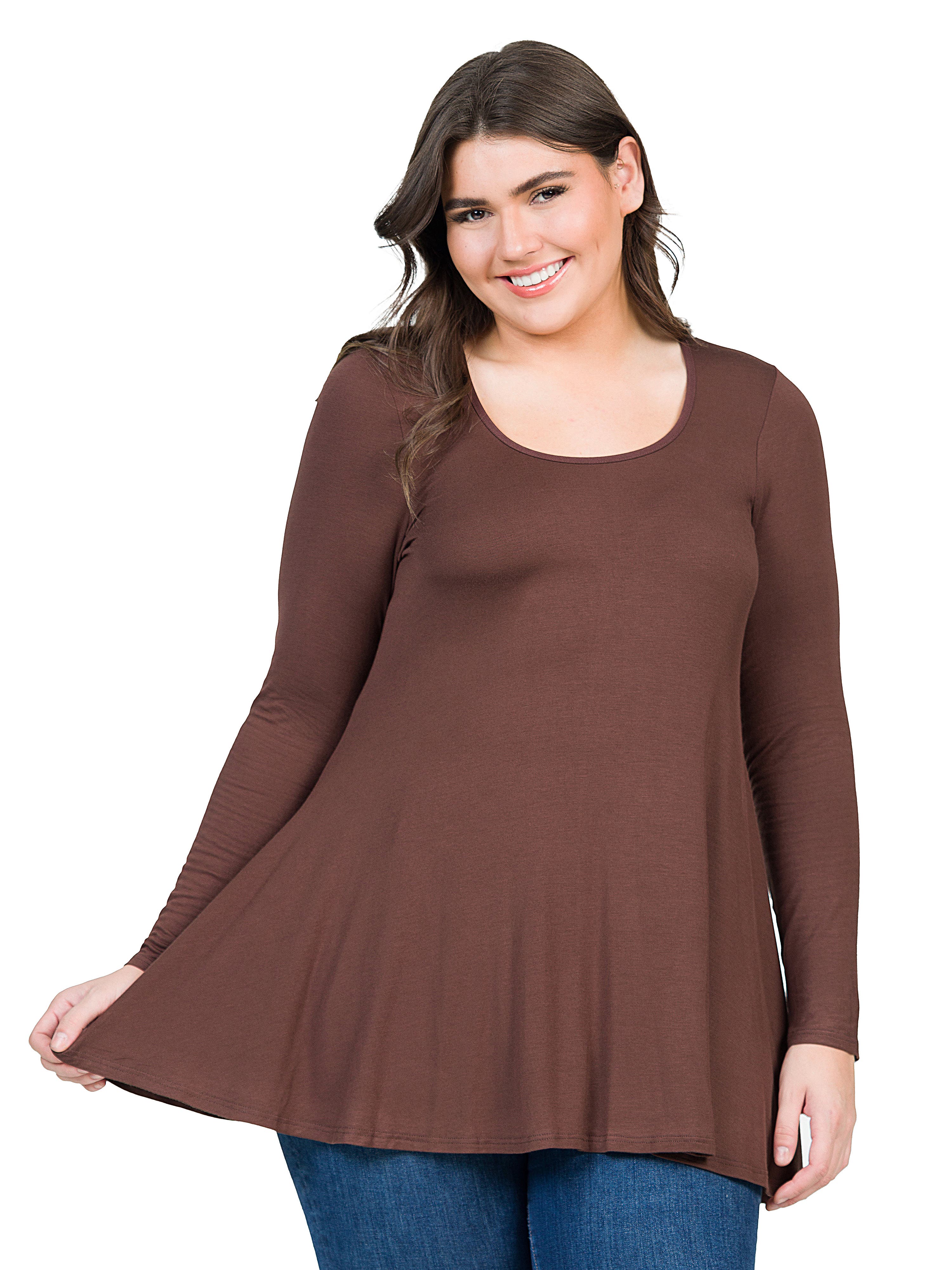 24seven Comfort Apparel Poised Long Sleeve Swing Tunic Top In Brown