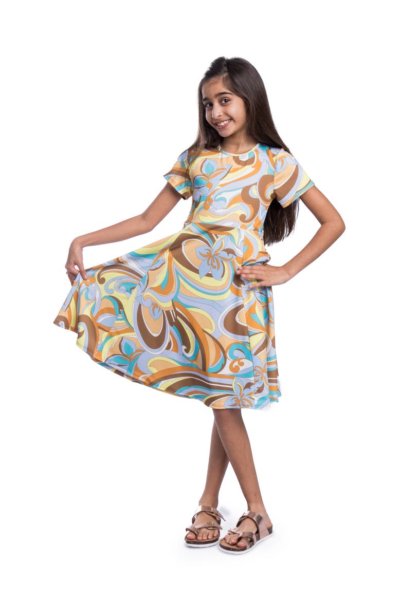 Yellow Print Knee Length Short Sleeve Flowy Dress, Alternate, color, Blue Multi