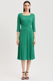 Ming Wang Linear Pointelle Tonal Knit Fit-N-Flare Midi Dress