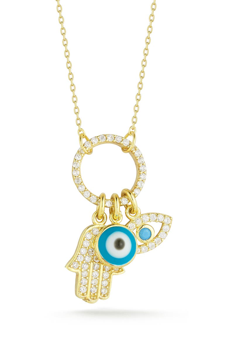 CZ Evil Eye & Hamsa Charm Pendant Necklace, Main, color, YELLOW GOLD