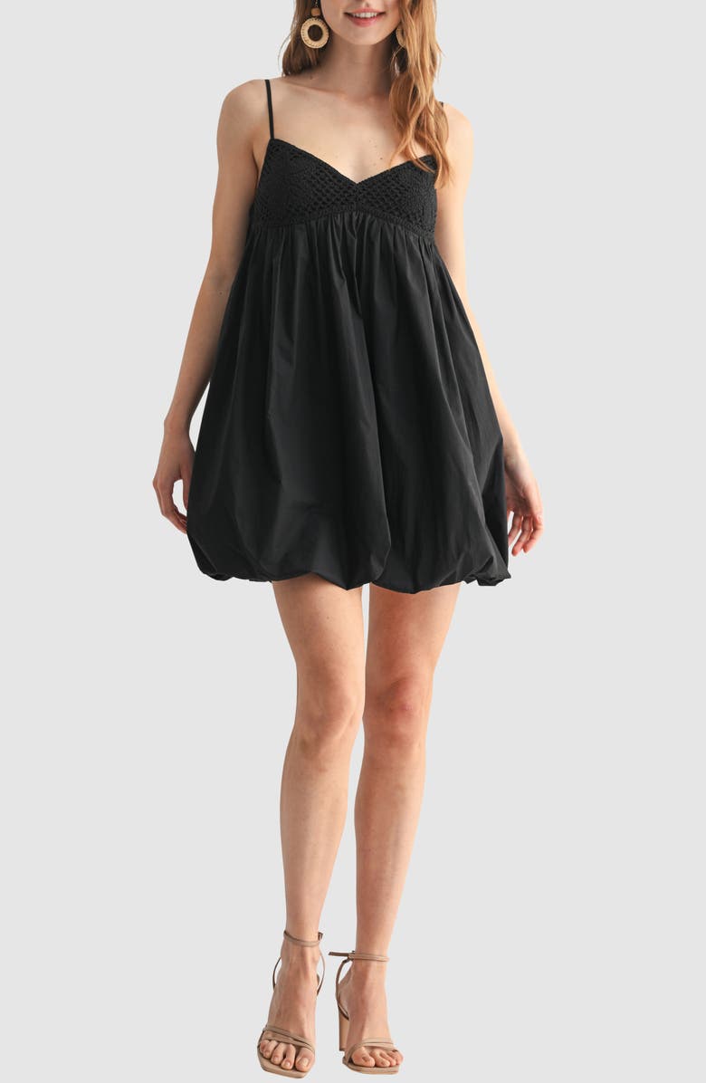 All in Favor Open Stitch Bodice Mix Media Bubble Hem Cotton Minidress, Main, color, Black