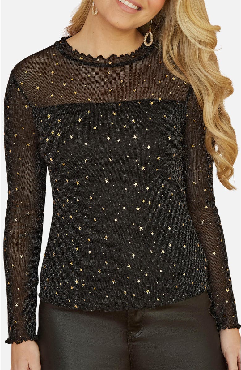 Yumi Mesh Star Print Long Sleeve Top, Alternate, color, Black