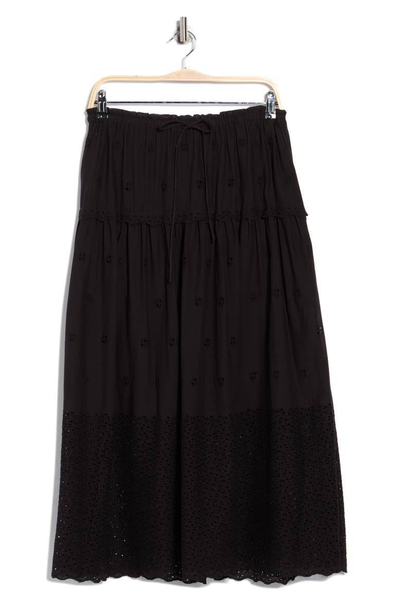 Ruffle Embroidered Eyelet Cotton Blend Skirt, Alternate, color, BLACK