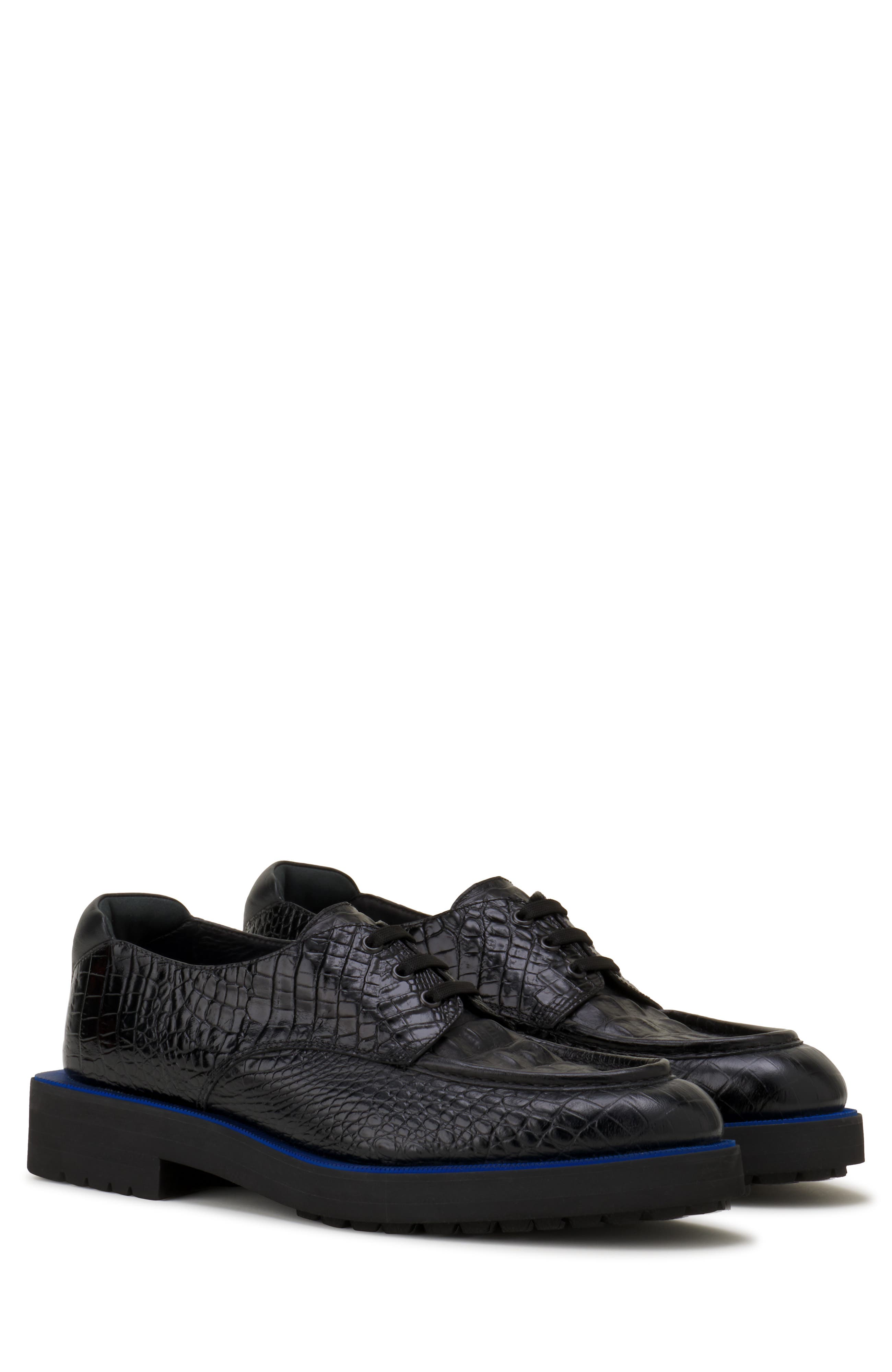 Derby Shoes In Crocodile-Embossed Leather, Alternate, color, Black/Blue