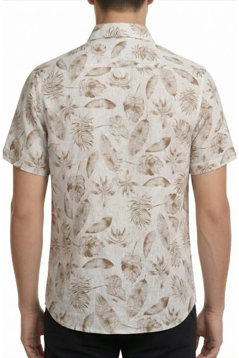Tropical Print Short Sleeve Linen & Cotton Button-Up Shirt, Alternate, color, BEIGE