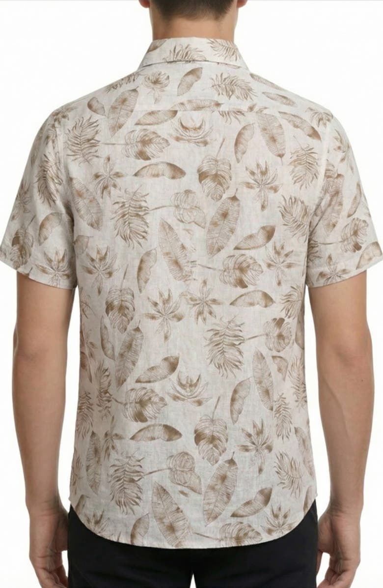 Report Collection Tropical Print Short Sleeve Linen & Cotton Button-Up Shirt, Alternate, color, Beige