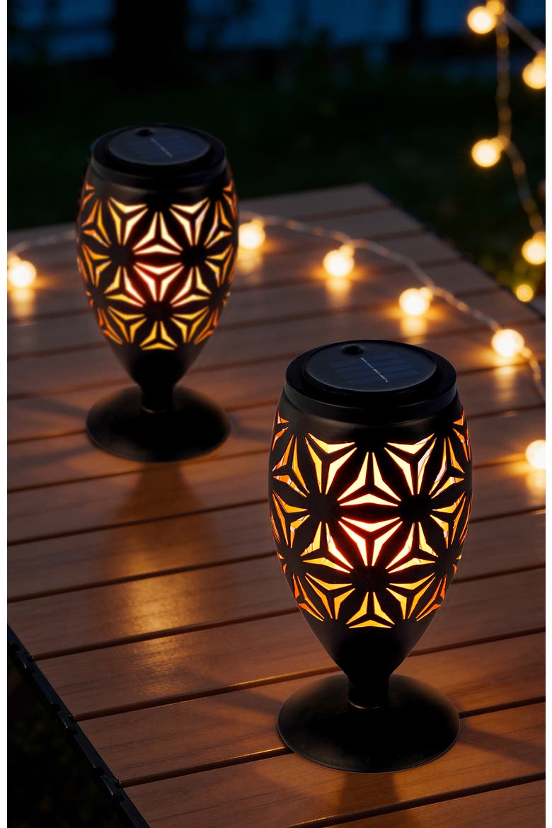Set of 2 Metal Cutout Geometric Pattern Solar Powered Outdoor Lantern with LED Light, Alternate, color, Black